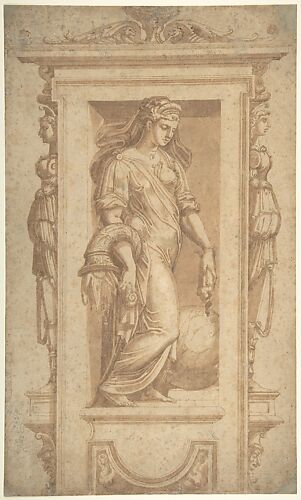 Female Allegorical Figure of Benignitas (Goodness), with Attributes of Abundance Standing in a Niche (recto); Architectural Sketches (verso)