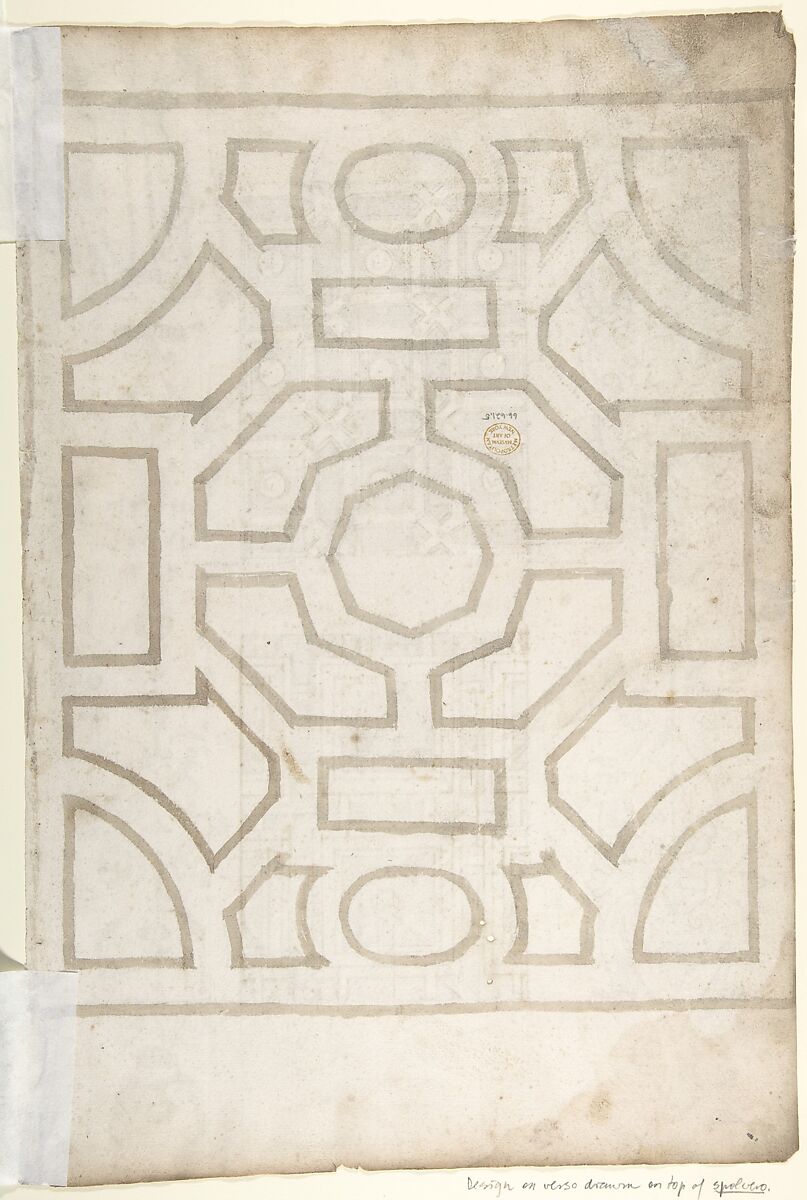 Grotesque Decoration and Ceiling Designs (recto); Geometric Design (verso), Anonymous, Italian, 16th century, Pen and brown ink, brush and gray-brown wash, over ruled black chalk or graphite lines (recto); brush and gray-brown wash