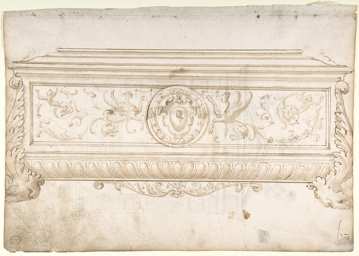 Design for a Cassone (Recto), Design for a Tomb (Verso), Anonymous, Italian, 16th century, Pen and brown ink, brush and gray-brown wash (recto and verso) 