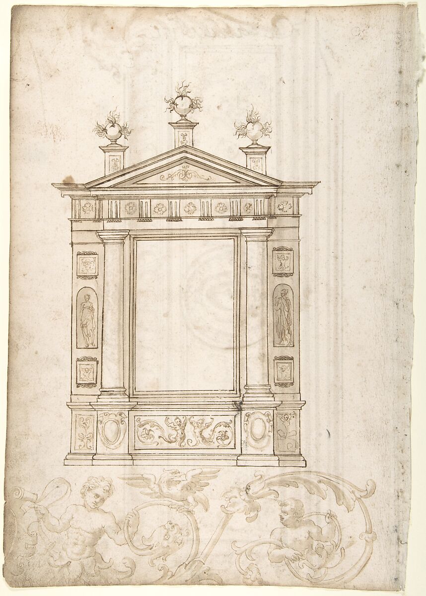 Design for a Cassone (recto); Design for a Tomb (verso), Anonymous, Italian, 16th century, Pen and brown ink, brush and gray-brown wash