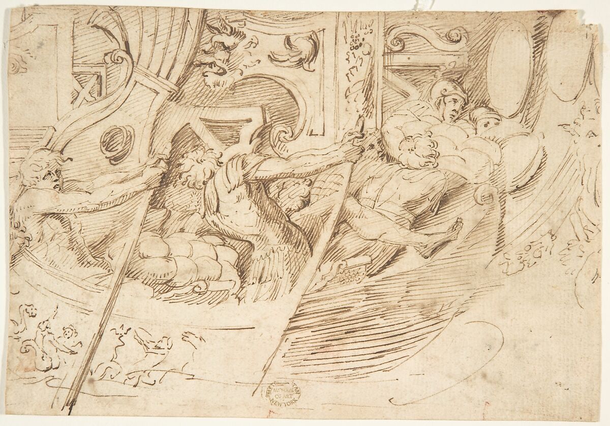 Ancient Naval Battle (Recto); Park with Monuments (Verso), Anonymous, Italian, 16th century, Pen and brown ink (recto); Pen and brown ink, brush and gray wash (verso) 