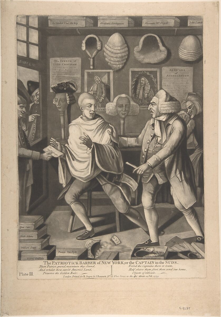 The Patriotick Barber of New York, or the Captain in the Suds, Attributed to Philip Dawe (British, 1745?–?1809), Mezzotint 