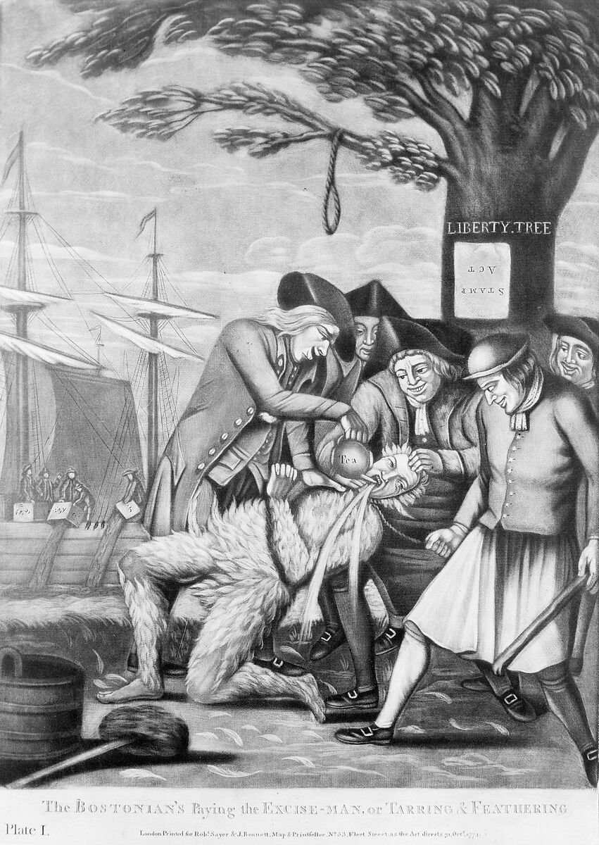 The Bostonians Paying the Excise-Man, or Tarring & Feathering, Attributed to Philip Dawe (British, ca. 1745–1809?), Mezzotint and etching
