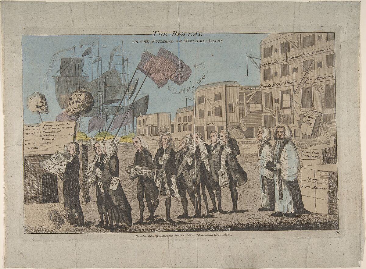 The Repeal, or the Funeral of Miss Ame-Stamp, Anonymous, British, 18th century, Hand-colored etching 