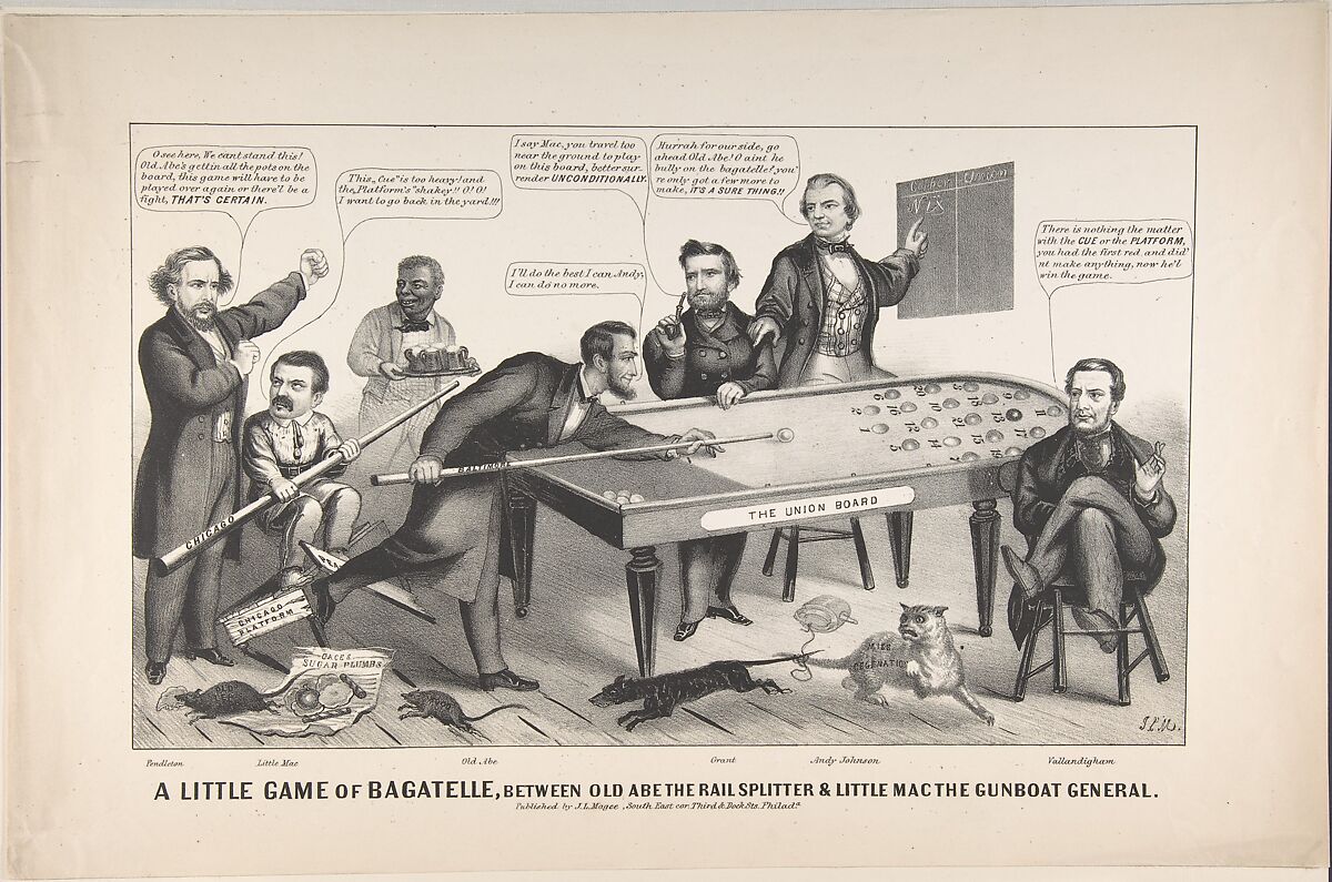 A Little Game of Bagatelle, Between Old Abe the Rail Splitter & Little Mac the Gunboat General, John L. Magee (American, active 1844–67), Lithograph 