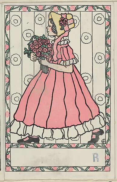 Girl with a Bouquet of Flowers, Anonymous, Austrian, Viennese, 20th century, Color lithograph 