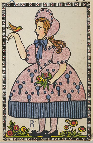 Girl with Flowers and a Bird, Anonymous, Austrian, Viennese, 20th century, Color lithograph 