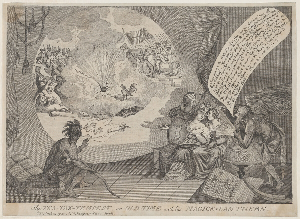 The Tea-Tax-Tempest, or Old Time with his Magick Lanthern, Anonymous, British, 18th century, Etching 