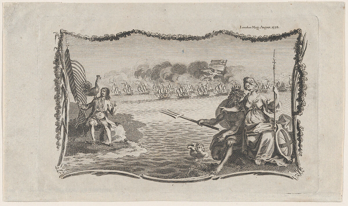 Vignette Showing Britannia, Neptune, France and Sea Battle, Anonymous, British, 18th century, Engraving 