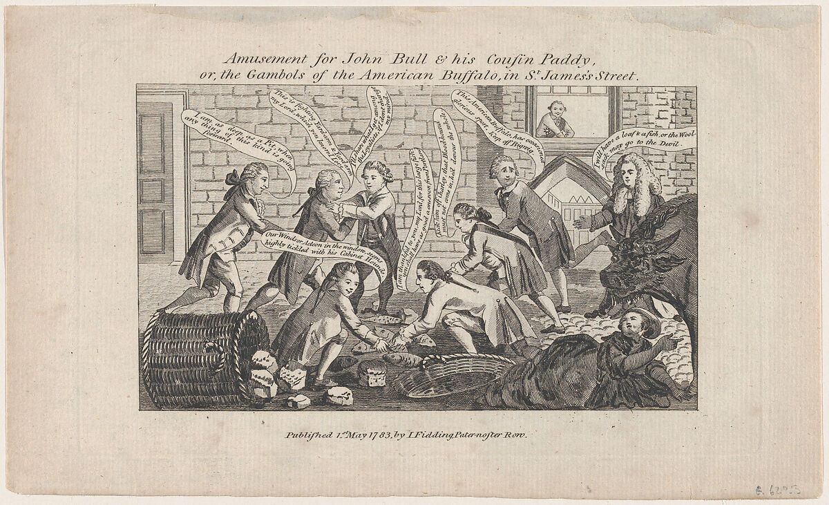 Amusement for John Bull & His Cousin Paddy, or, the Gambols of the American Buffalo, in St. James's Street, John Fielding (British, active London, ca. 1779–1809), Engraving 