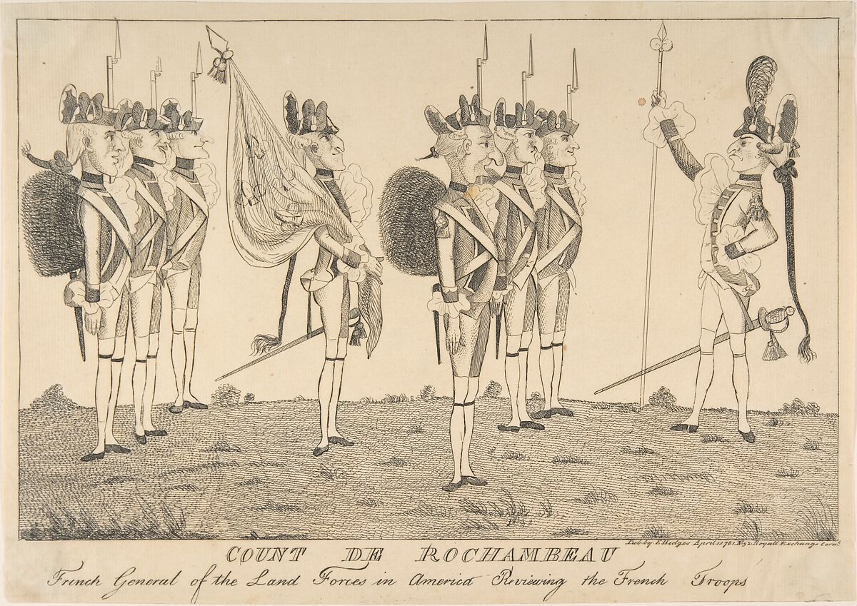 Count de Rochambeau, French General of the Land Forces in America Reviewing the French Troops, Anonymous, British, 18th century, Engraving 