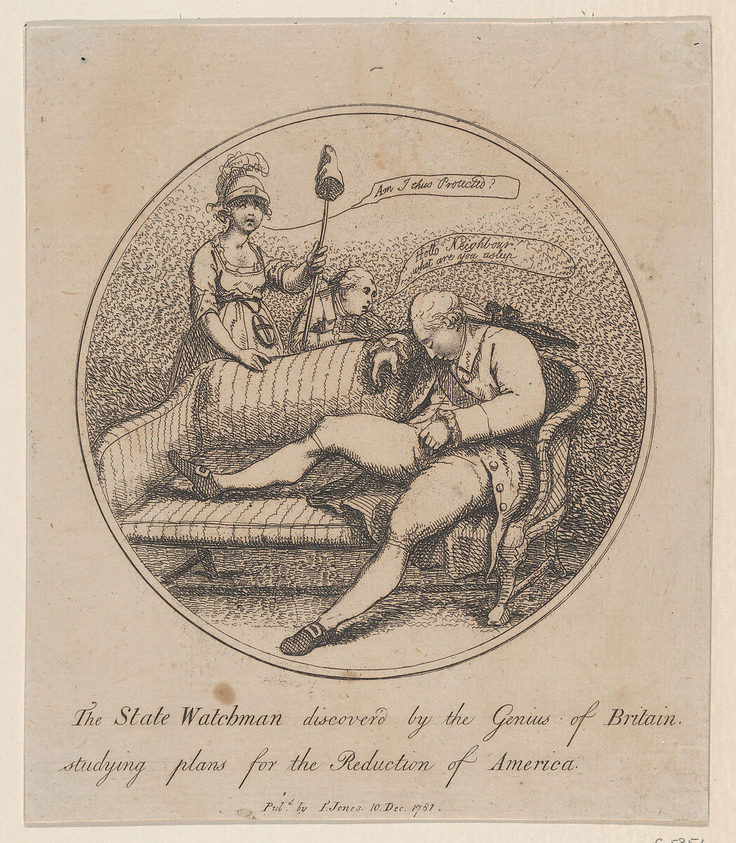 The State Watchman Discovered by the Genius of Britain Studying Plans for the Reduction of America, Attributed to Thomas Rowlandson (British, London 1757–1827 London), Etching 