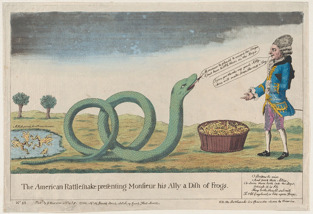 The American Rattlesnake Presenting Monsieur his Ally [sic] a Dish of Frogs, Published by J. Barrow (London), Etching with watercolor 