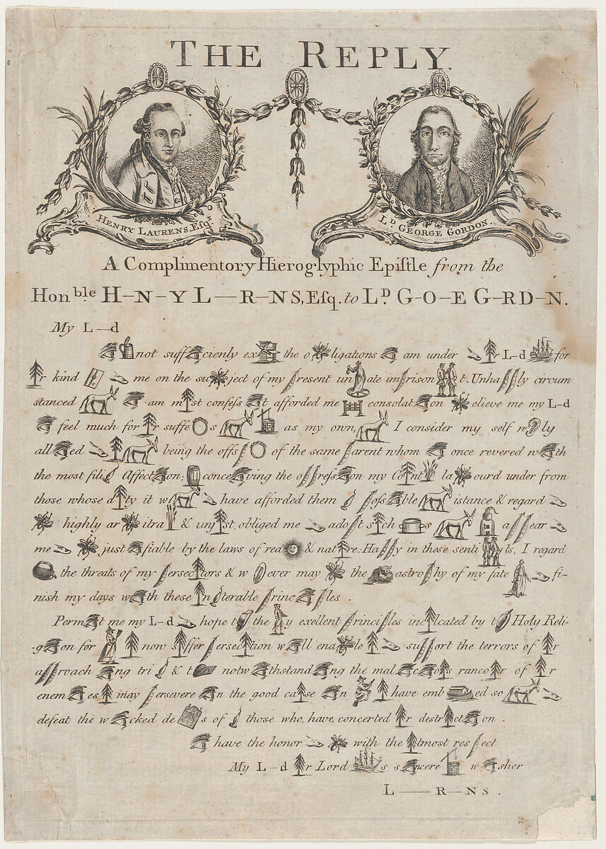The Reply: A Complimentory [sic] Hieroglyphic Epistle from the Honorable Henry Laurens to Lord George Gordon, Henry Laurens (American, Charleston, South Carolina 1724–1792 Charleston, South Carolina), Etching 