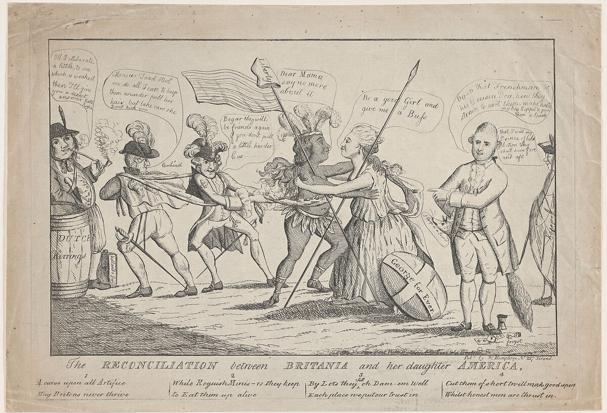 The Reconciliation Between Britannia and Her Daughter America, Thomas Colley (British, active 1778–83), Etching 