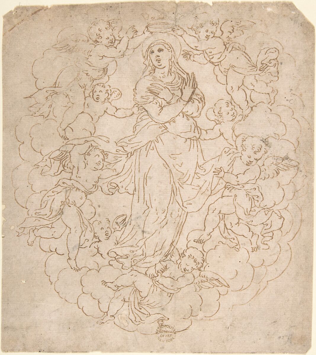 Assumption of the Virgin (Recto); Figure Sketches (Verso), Anonymous, Italian, 16th century, Pen and brown ink (recto); black chalk or graphite (verso) 
