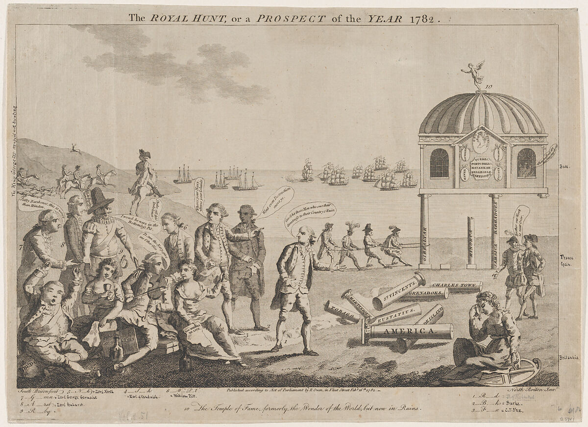 The Royal Hunt, or a Prospect of the Year 1782: The Temple of Fame, formerly the Wonder of the World, but now in Ruins, After George Townshend, 4th Viscount and 1st Marquess Townshend (British, 1724–1807) ?, Etching and engraving 