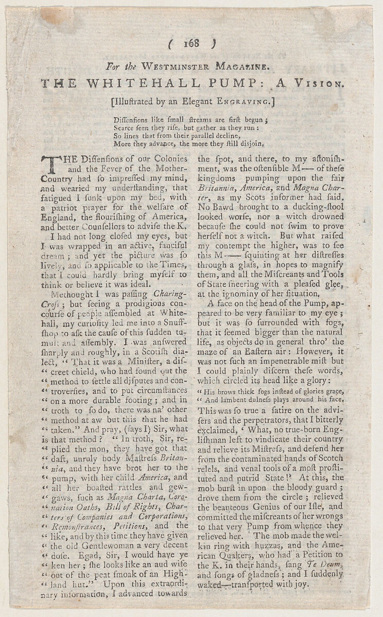 The Whitehall Pump (page from The Westminster Magazine), Anonymous, British, 18th century, Letterpress 