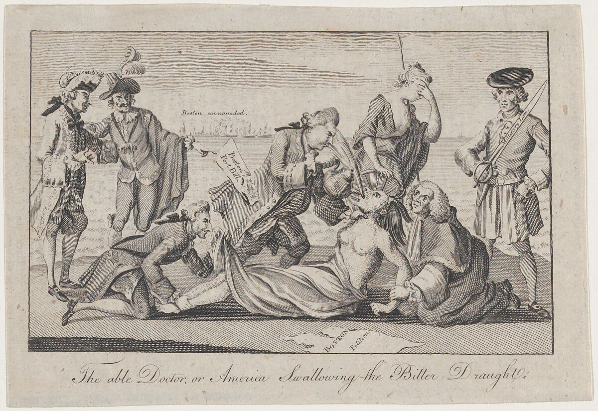 The Able Doctor, or America Swallowing the Bitter Draught, Anonymous, British, 18th century, Engraving 