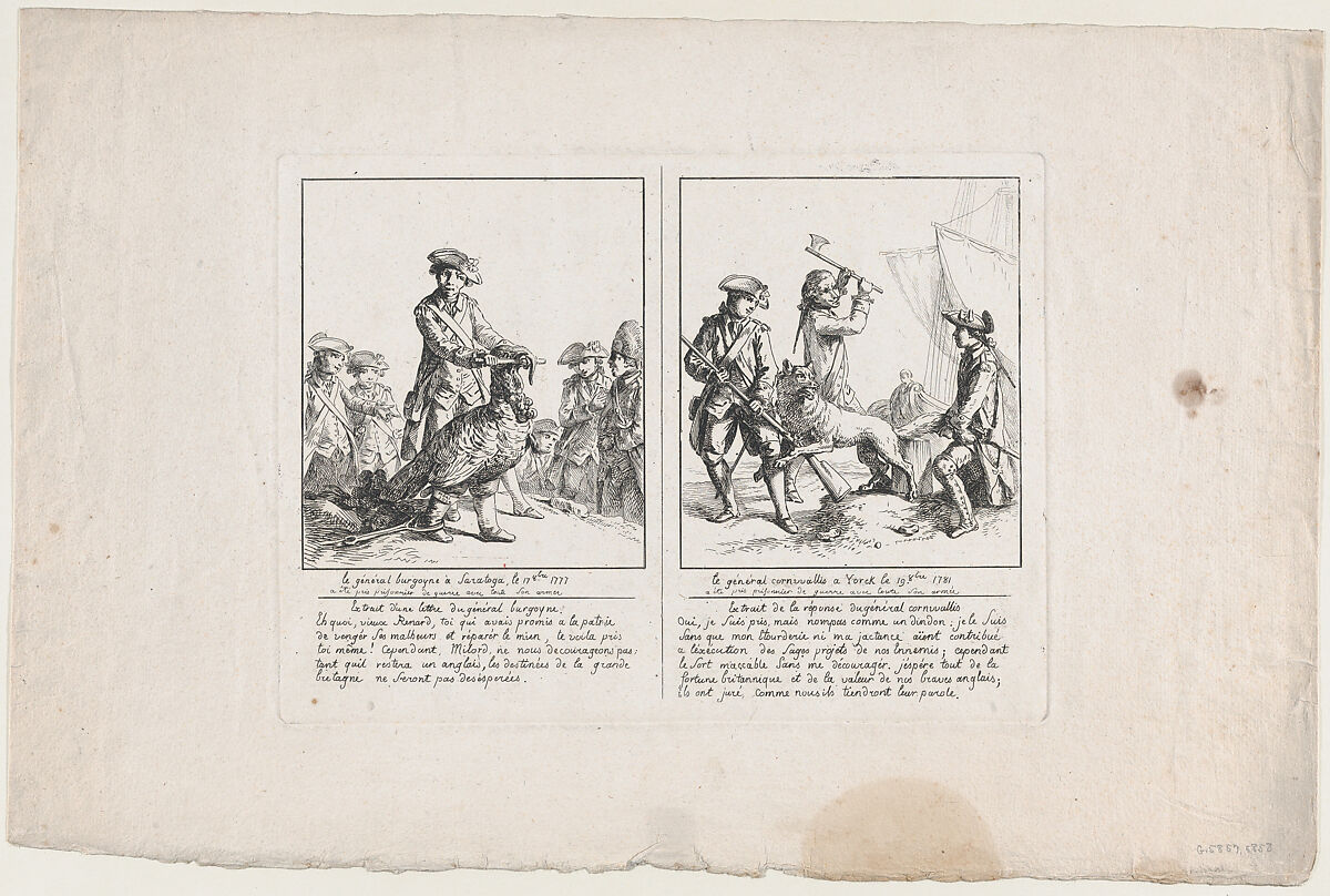 Le Général Burgoyne à Saratoga, le 17 Octobre, 1777; and Le Général Cornwallis à Yorck, le 19 Octobre, 1781, Anonymous, French, 18th century, Etching 