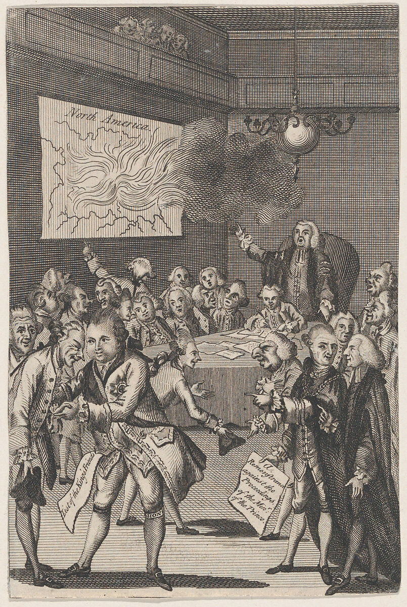 The Council of Rulers & the Elders Against the Tribe of ye Americanites, Anonymous, British, 18th century, Engraving 