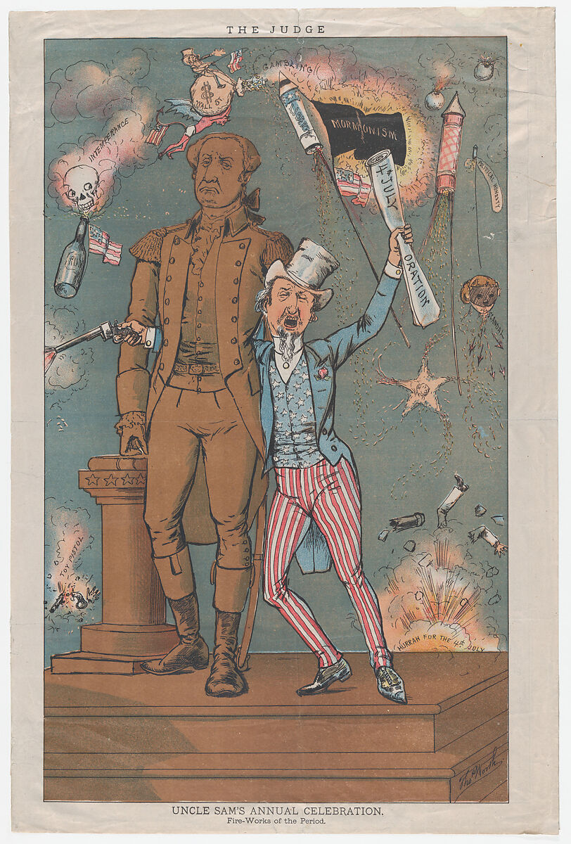 Uncle Sam's Annual Celebration, Fire-Works of the Period, from "The Judge", Thomas B. Worth (American, New York 1834–1917 Staten Island, New York), Color lithograph 