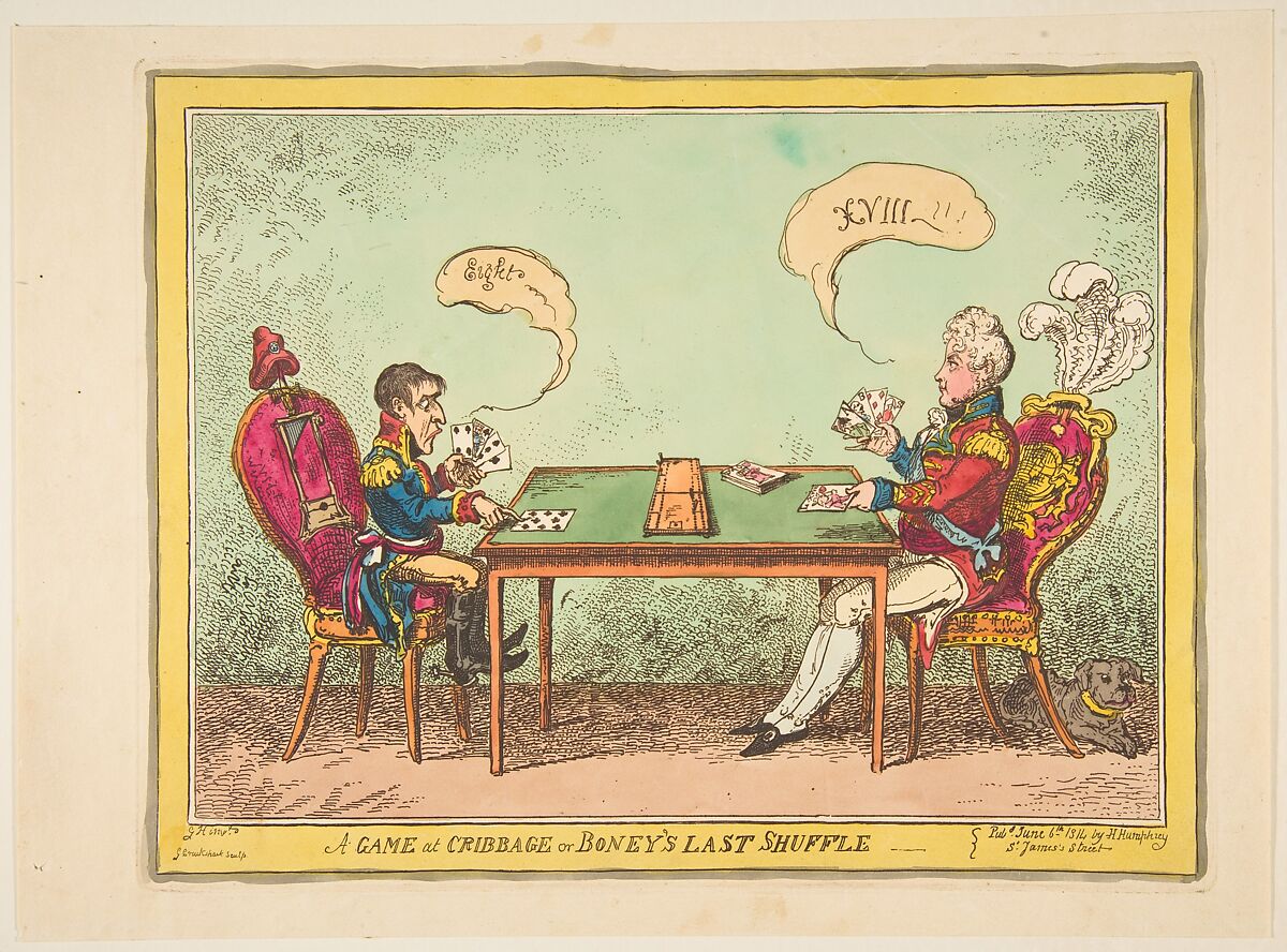 A Game of Cribbage or Boney's Last Shuffle, George Cruikshank (British, London 1792–1878 London), Etching and watercolor 