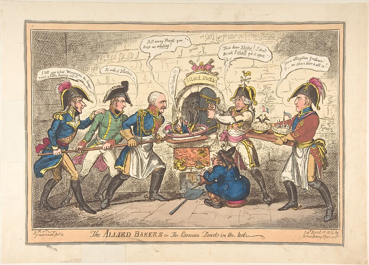 The Allied Bakers or the Corsican Toad in the Hole, George Cruikshank (British, London 1792–1878 London), Hand-colored etching 