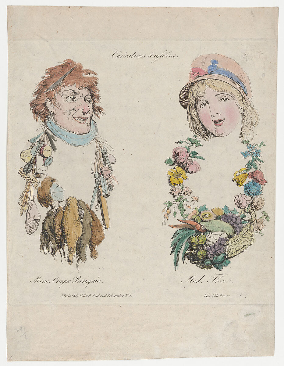Caricatures Anglaises: Monsieur Craque Perruquier et Mademoiselle Flore, Anonymous, French, 19th century, Hand-colored etching 
