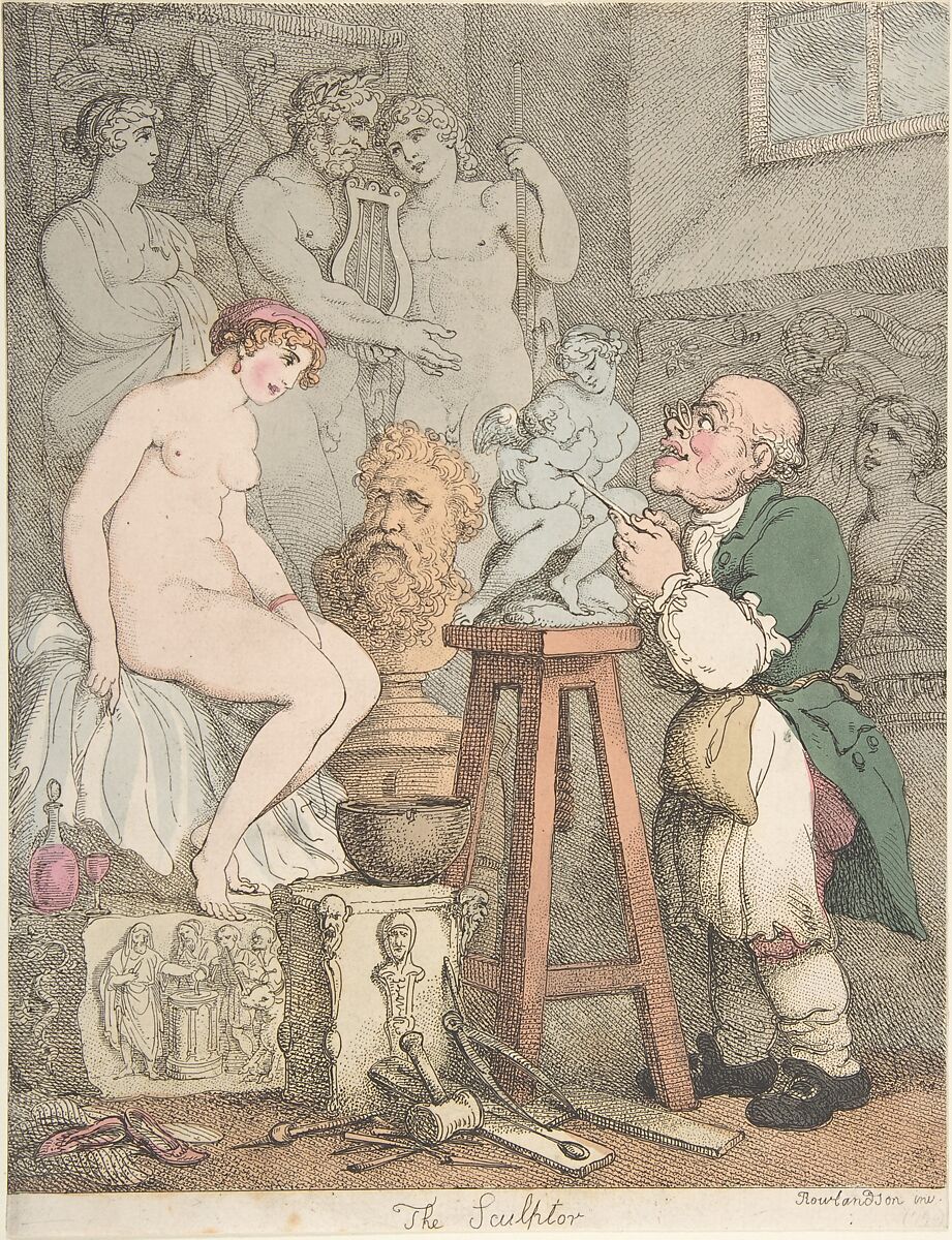 The Sculptor [Preparations for the Academy, Old Joseph Nollekens and his Venus], Thomas Rowlandson (British, London 1757–1827 London), Hand-colored etching 