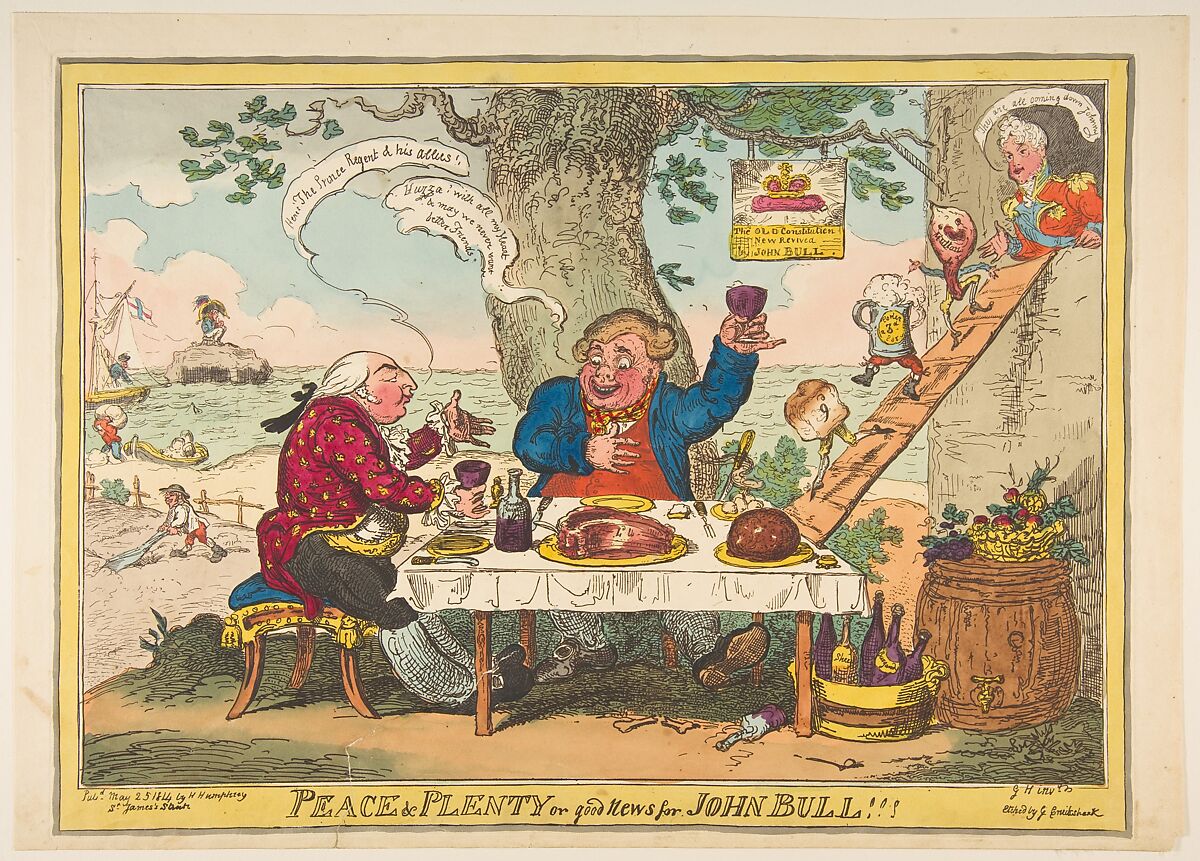 Peace and Plenty or Good News for John Bull!!!, George Cruikshank (British, London 1792–1878 London), Hand-colored etching 