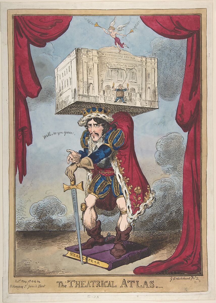 The Theatrical Atlas, George Cruikshank (British, London 1792–1878 London), Hand-colored etching 