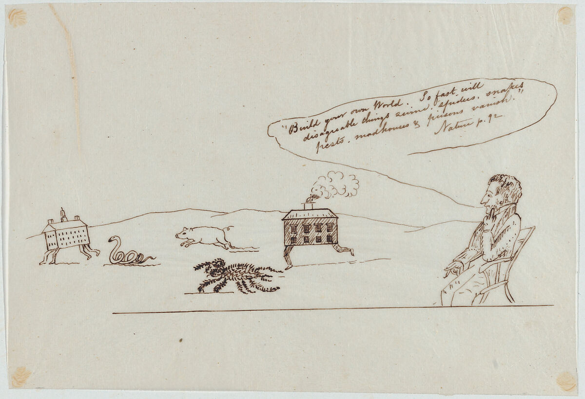 Build Your Own World. So Fast Will Disagreeable Things...Vanish (Illustration for Ralph Waldo Emerson's "Nature"), Christopher Pearse Cranch (American, Alexandria, Virginia 1813–1892 Boston, Massachusetts), Pen and brown ink 