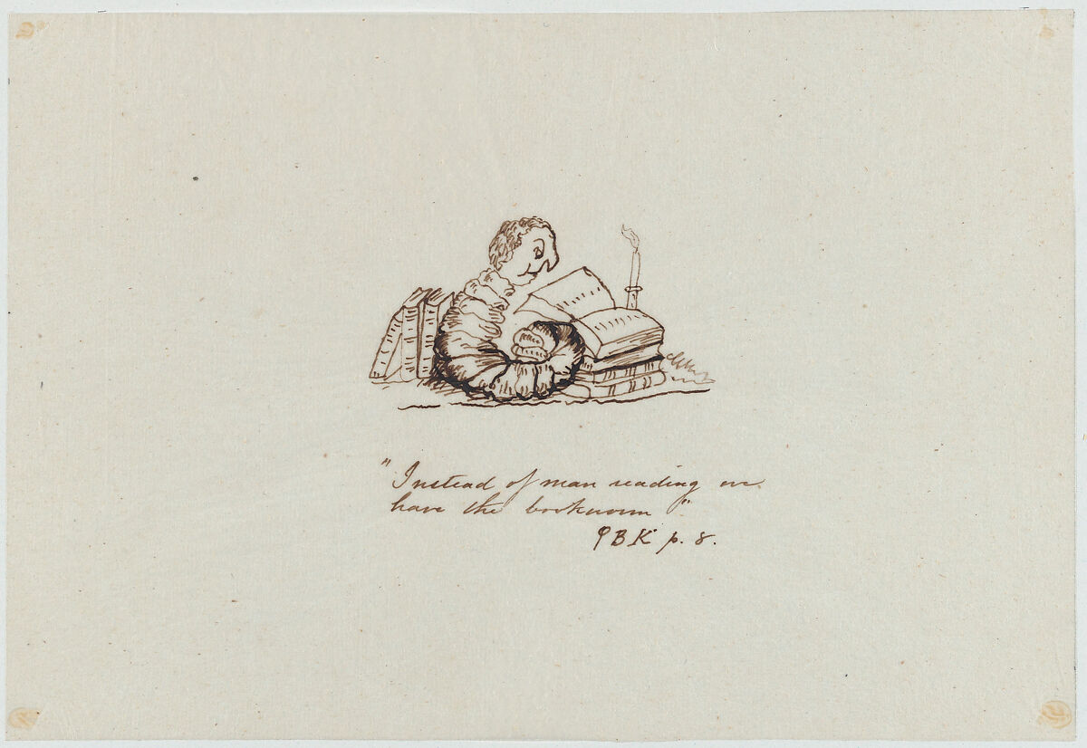 Instead of Man Reading We Have the Bookworm, Christopher Pearse Cranch (American, Alexandria, Virginia 1813–1892 Boston, Massachusetts), Pen and brown ink 