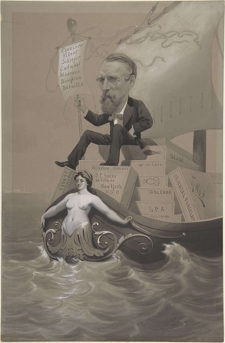 Samuel P. Avery Transporting His Treasures Across the Sea, Theodore Wust (American, Frankfurt 1853?–1915 Alsace), Graphite, ink and gouache on gray paper 