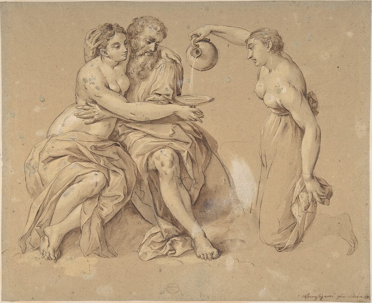 Lot and his Daughters, Anonymous, Italian, 17th century, Pen and brown ink, brush and brown wash, on blue paper painted brown 