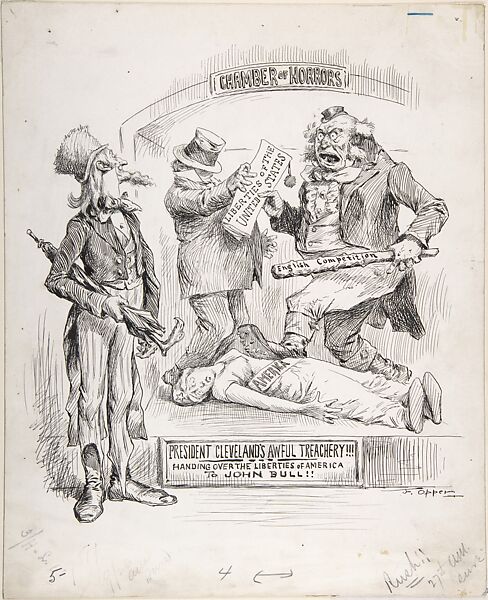 President Cleveland's Awful Treachery: Handing Over the Liberties of America to John Bull, Frederick Burr Opper (American, Madison, Ohio 1857–1937 New Rochelle, New York), Pen and ink 