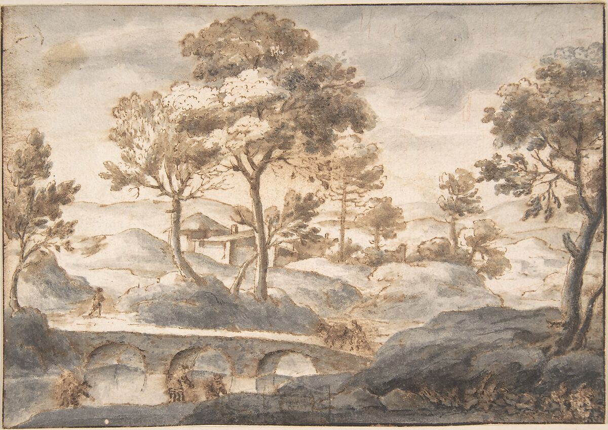 Landscape with Bridge, Anonymous, Italian, 17th century, Pen and brown ink, brush with brown and gray wash 