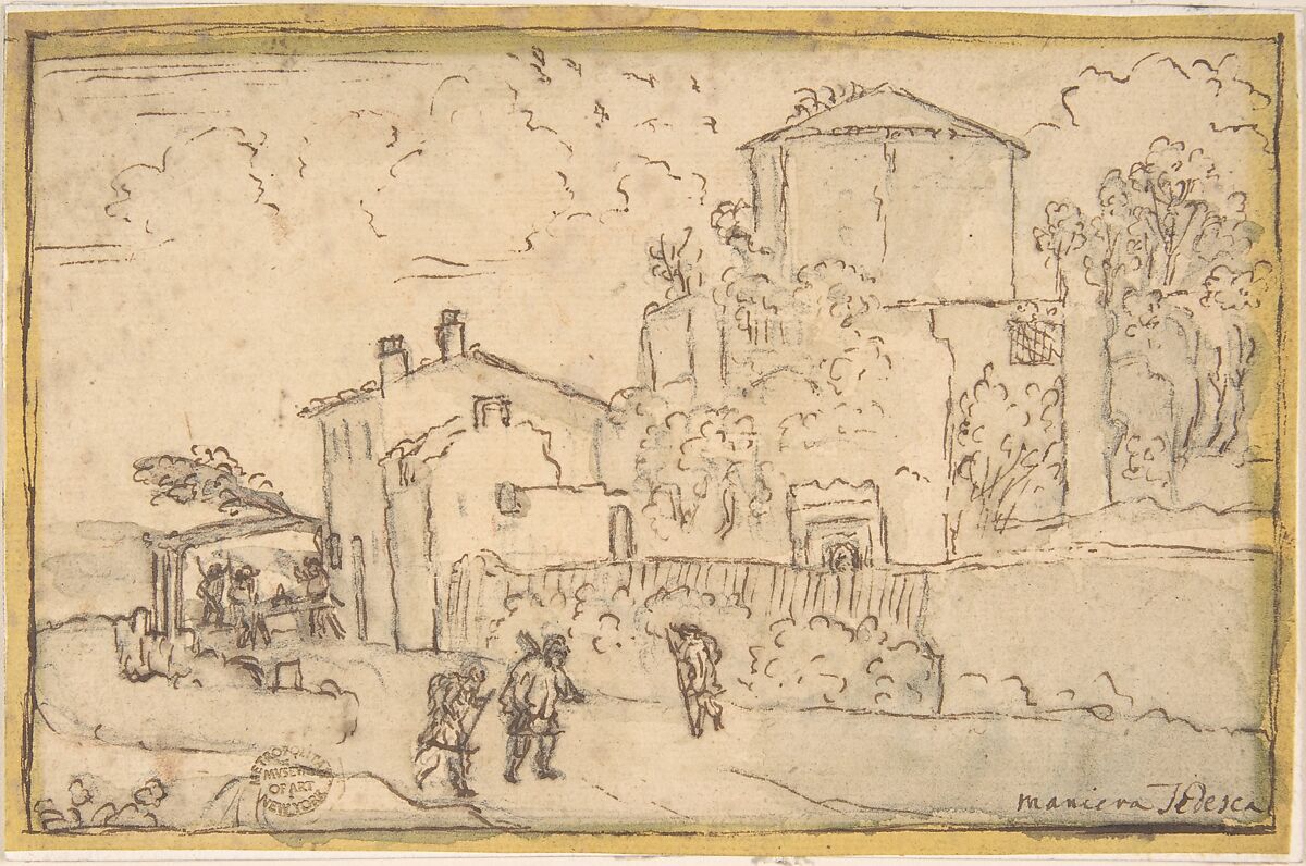 Townscape with an Inn, Anonymous, Italian, 17th century (?), Pen and brown ink, brush and light gray wash, over black chalk 