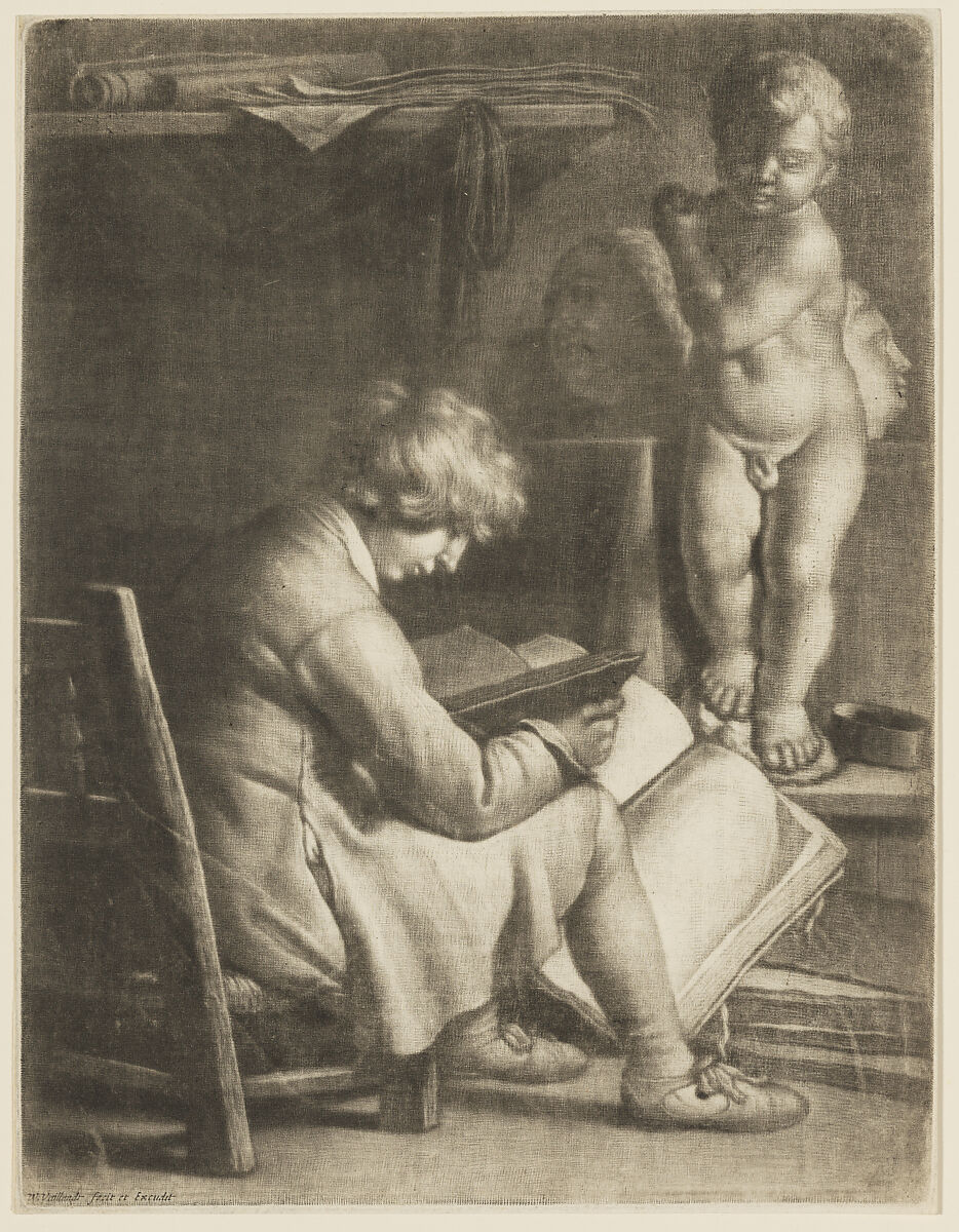 Boy Seated in a Studio, a plaster cast of the Christ-child in front of him, Wallerant Vaillant (Dutch, Lille 1623–1677 Amsterdam), Mezzotint; second state of two 