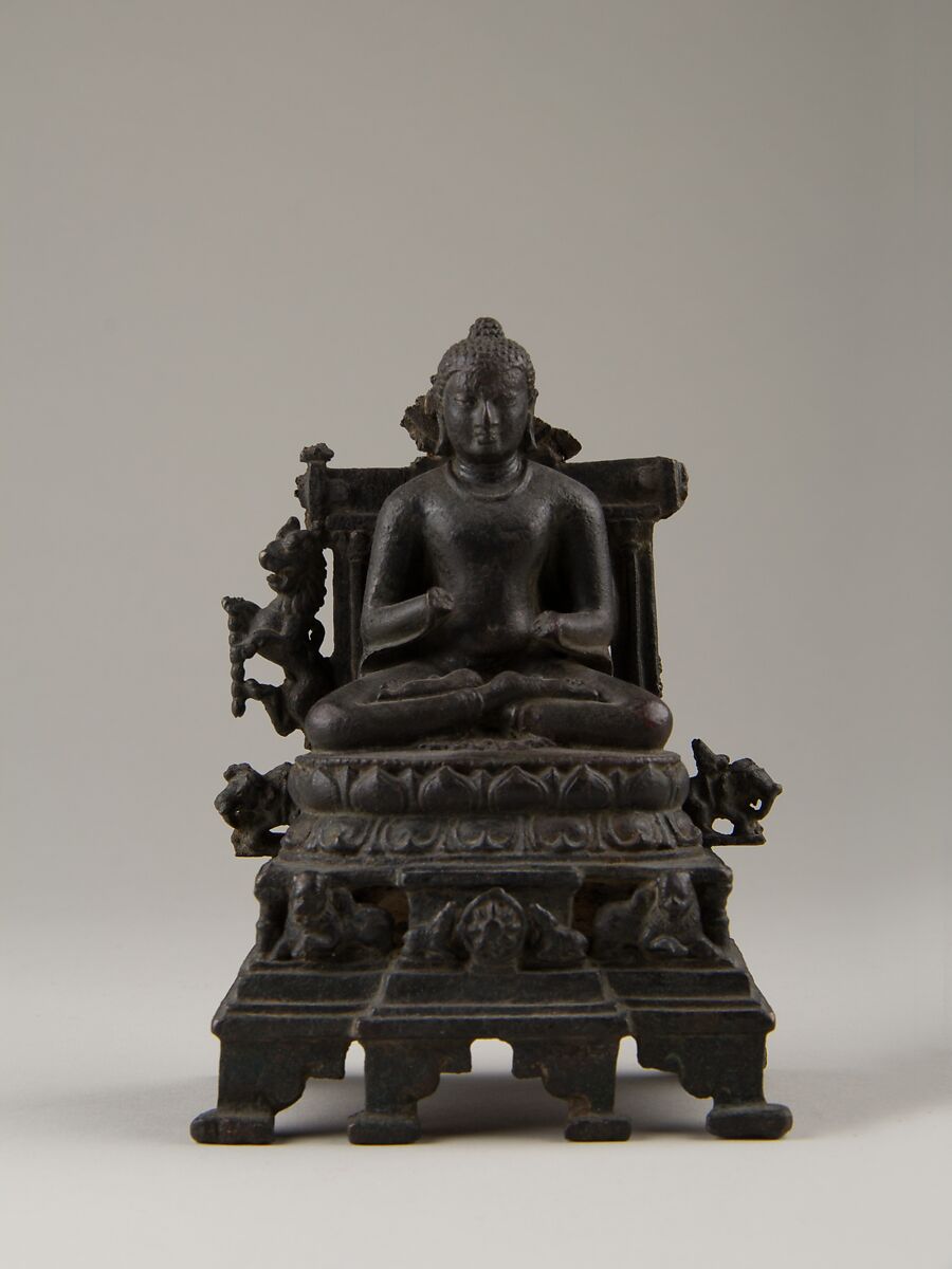 Enthroned Preaching Buddha, Bronze with silver inlay, India (Bihar) 
