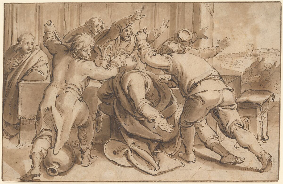 The Servants of Absalom killing Amnon (2 Samuel 13, 28-29); verso: Sketch of a seated woman, Karel van Mander I (Netherlandish, Meulebeke 1548–1606 Amsterdam), Pen and brown ink, brown wash; verso: black chalk. Two framing lines in pen and brown ink 
