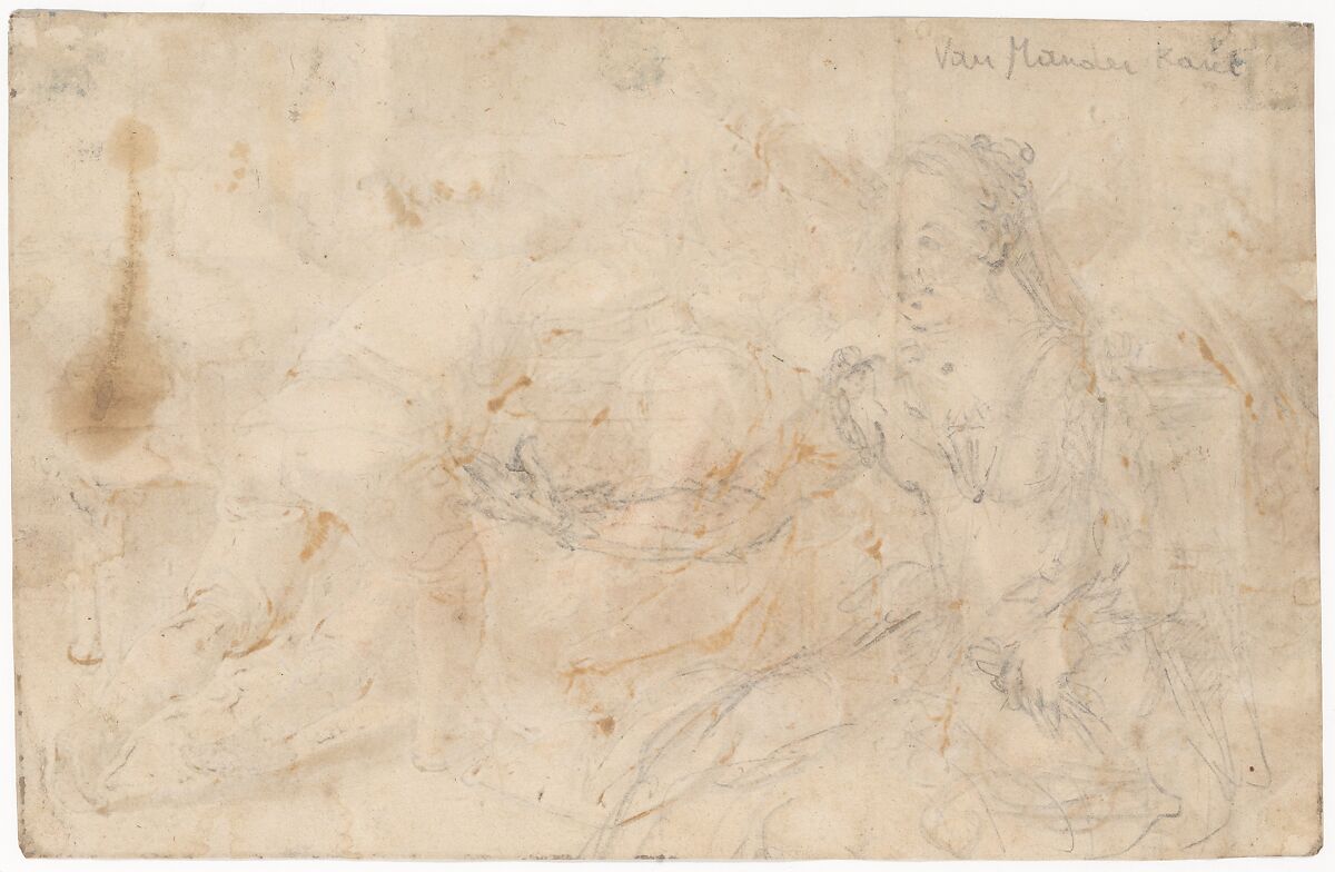 The Servants of Absalom killing Amnon (2 Samuel 13, 28-29); verso: Sketch of a seated woman, Karel van Mander I (Netherlandish, Meulebeke 1548–1606 Amsterdam), Pen and brown ink, brown wash; verso: black chalk. Two framing lines in pen and brown ink