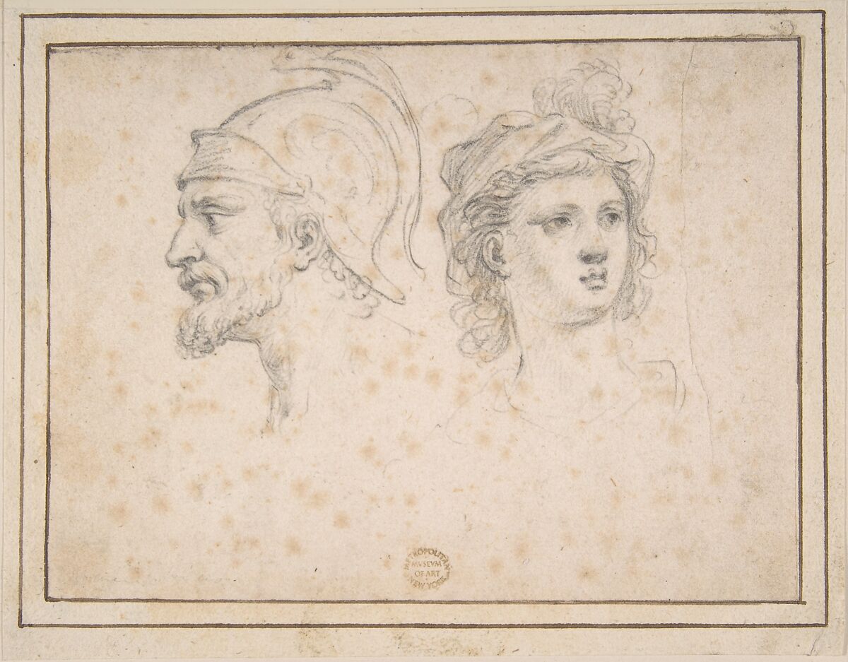 Head of a Bearded Soldier in Profile, Head of a Young Woman in Three-Quarter View, Anonymous, Italian, 17th century, Black chalk or graphite 
