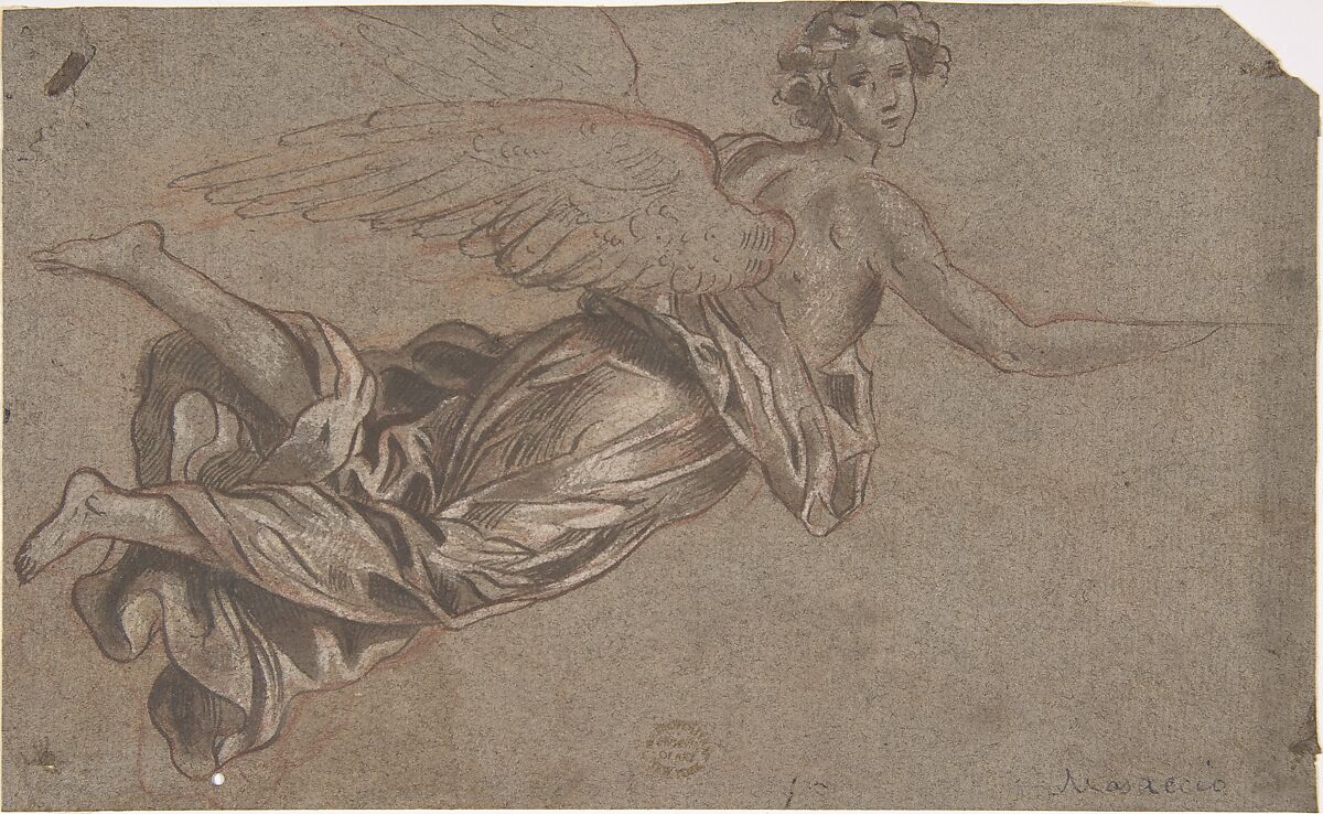 Flying Angel, Anonymous, Italian, 17th century, Pen and brown ink, brush and brown wash, over red chalk, with white gouache highlighting. On gray-brown paper. 