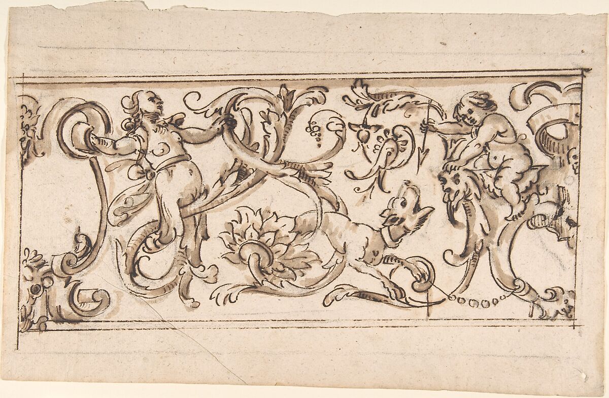 Drawing for a Frieze with Rinceau and Grotteschi, Anonymous, Italian, 17th century, Pen and brown ink, brush and light brown wash, over black chalk underdrawing and ruled construction 