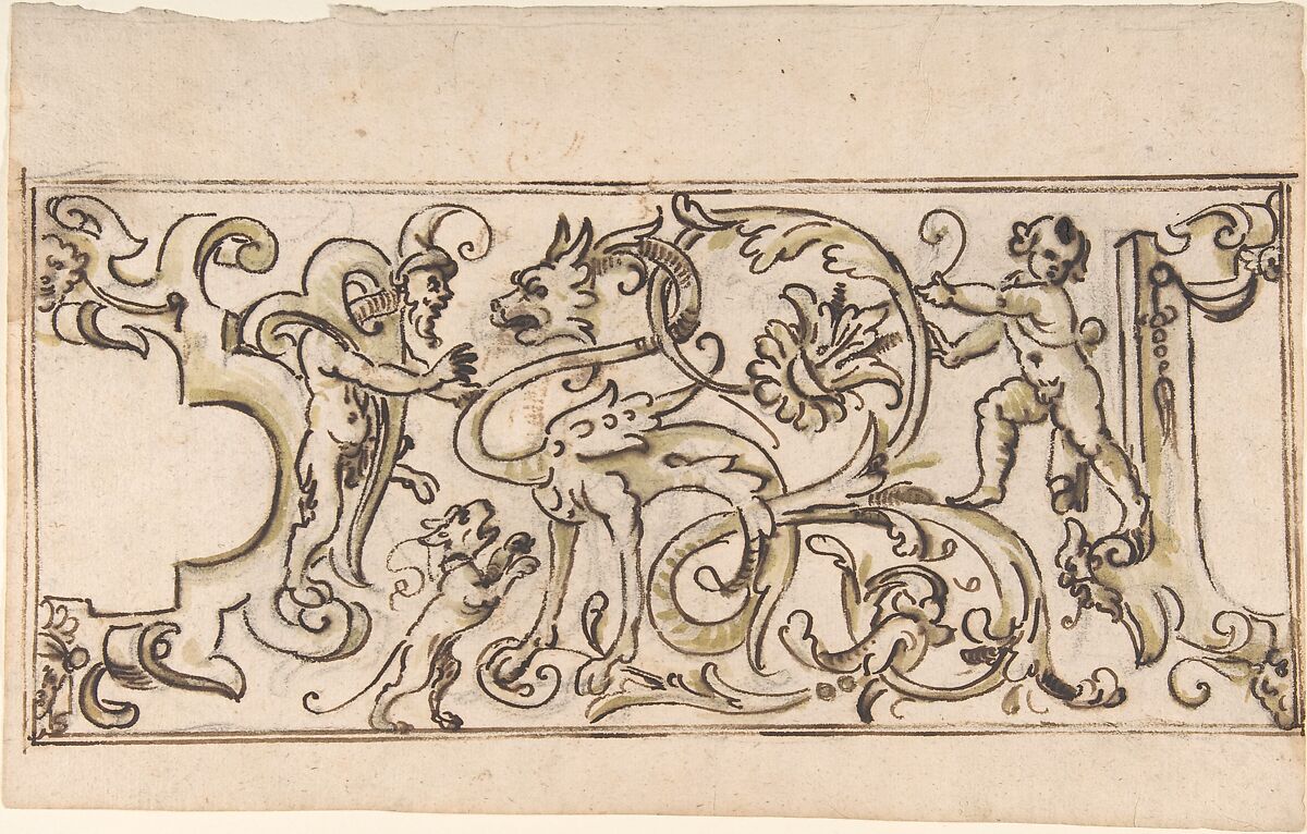 Grotesque Ornament Drawing, Anonymous, Italian, 17th century, Pen and brown ink, brush with brown wash and green watercolor, over black chalk underdrawing and ruled construction 