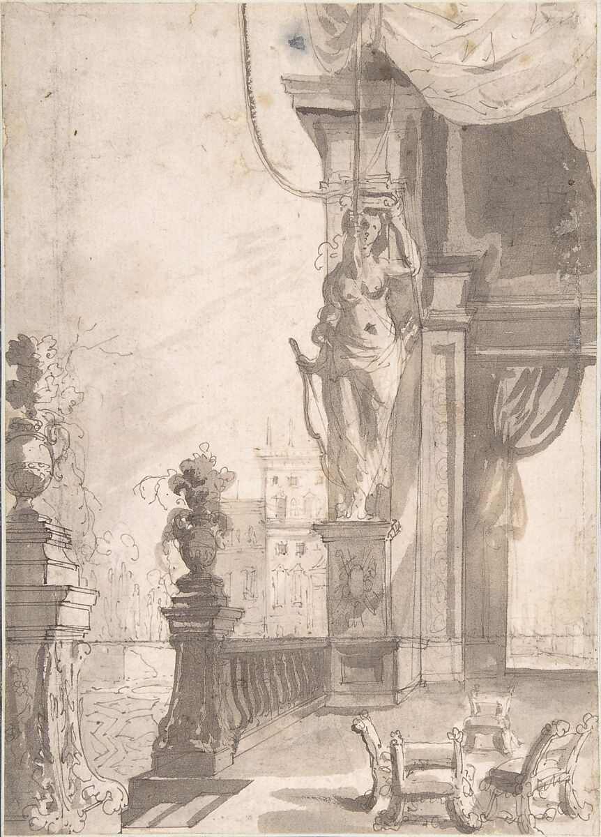 Roman Capriccio with Terrace, Anonymous, Italian, 17th or 18th century, Pen and brown ink, brush and gray-brown wash, over black chalk or graphite underdrawing. 