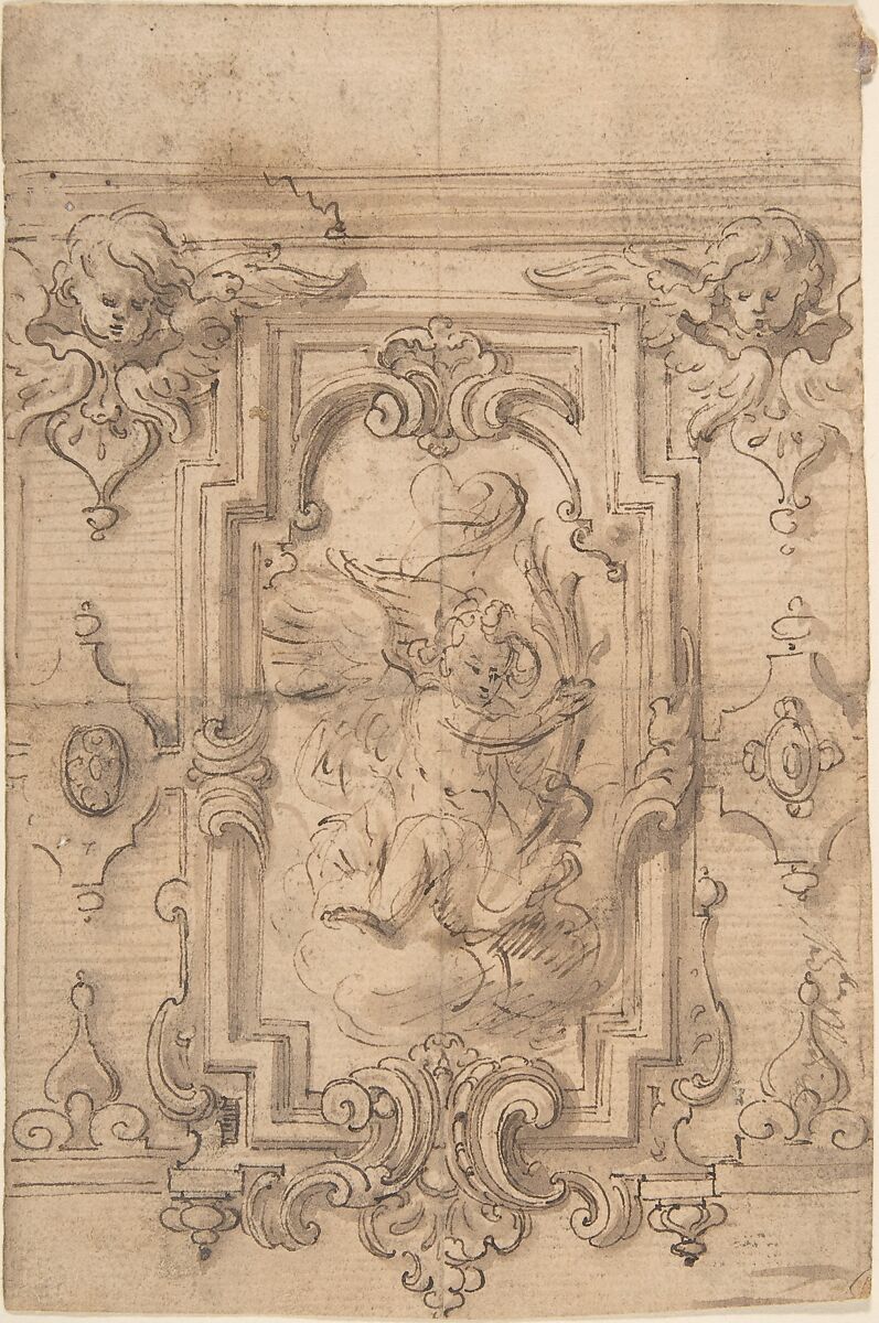 Wall Design with Flying Putto, Anonymous, Italian, 17th or 18th century, Pen and brown ink, brush and brown wash 