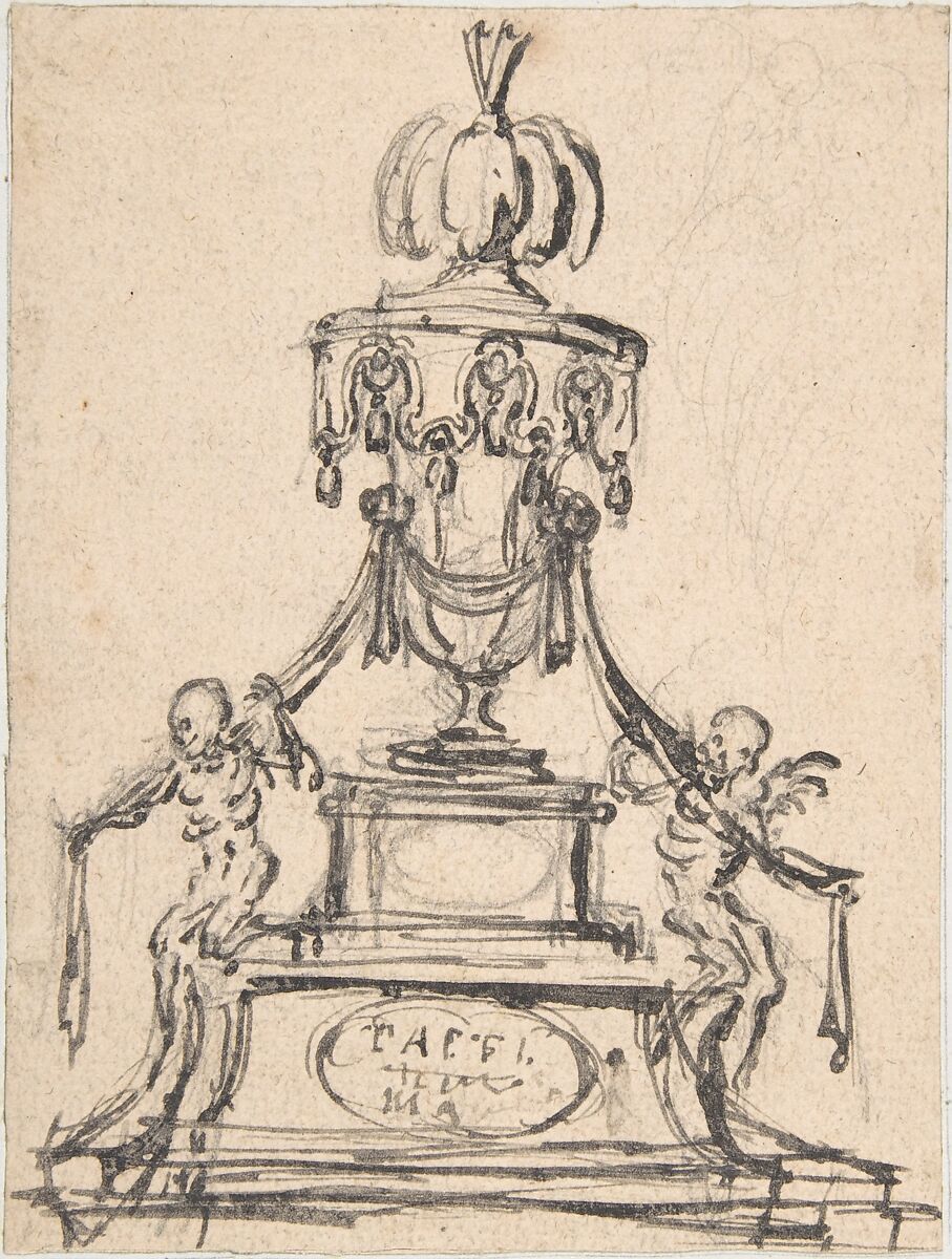 Tomb Monument with Skeletons, Anonymous, Italian, 17th century, Pen and brown ink, over graphite underdrawing 